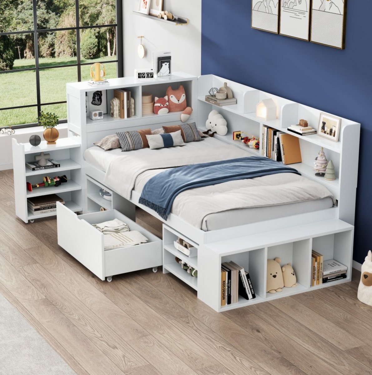 MEUNIQ Kinderbed 90 x 190 cm met lades, planken en opbergruimte, eenpersoons bed met lattenbodem, zonder matras, wit, voor kinderkamer