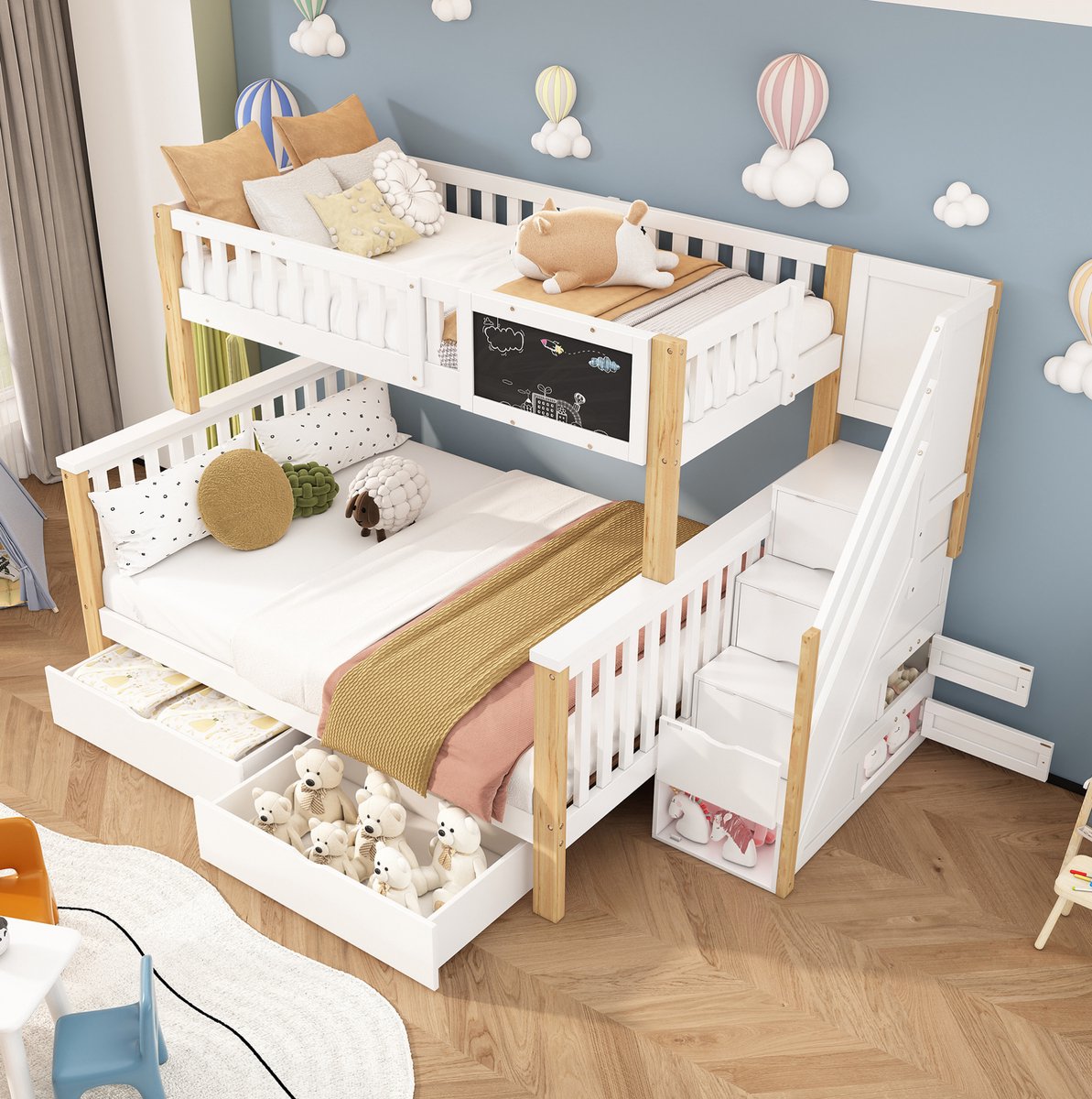 MEUNIQ stapelbed 90x200 en 140x200 met trap, krijtbord en 2 lades, lattenbodems inbegrepen, zonder matras, wit en lichte eiken, voor kinderkamer