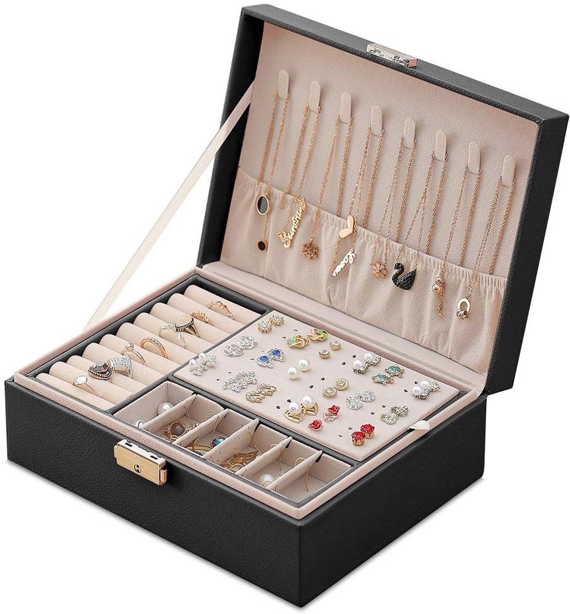 Dailygoods- Sieradenkistje Dubbellaags - Opbergkoffer voor Ringen/Oorbellen - Organizer voor Armbanden/Halskettingen - Grote Capaciteit - Hoogwaardig PU-Leer/Fluweel - Sieradenbox