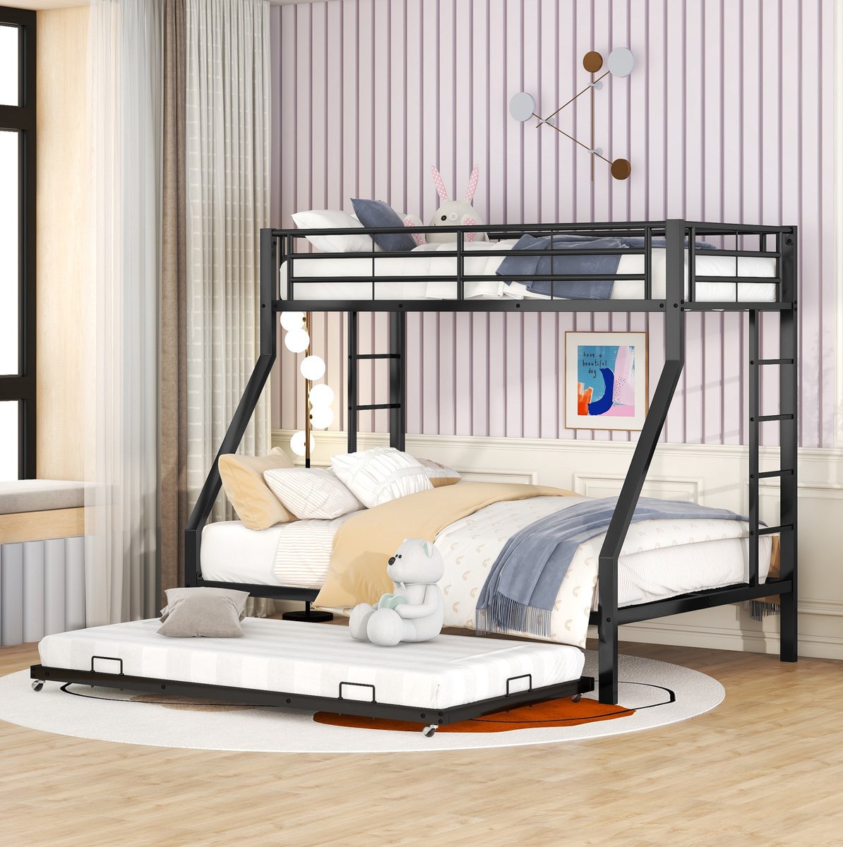 MEUNIQ metalen stapelbed 90x200 en 140x200 cm met uitschuifbed 90x190, ladder aan beide zijden, veiligheidsrelingen, bedframe voor kinderkamer, zwart