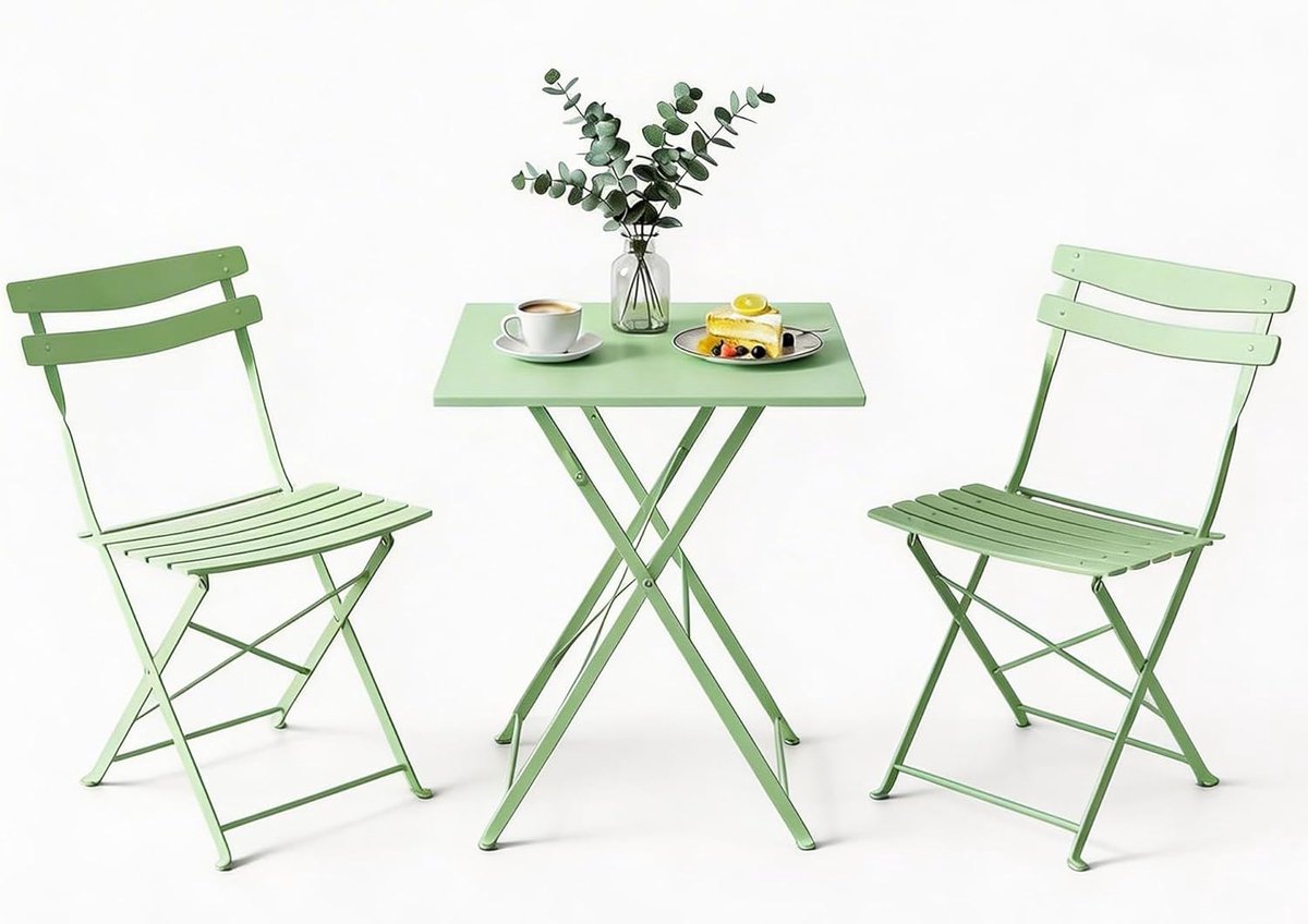 3-delige opvouwbare bistroset voor de tuin – Vierkante metalen tafel + 2 weerbestendige stoelen – Eenvoudig op te bergen – Geschikt voor balkon, terras, tuin en binnenplaats – Groen