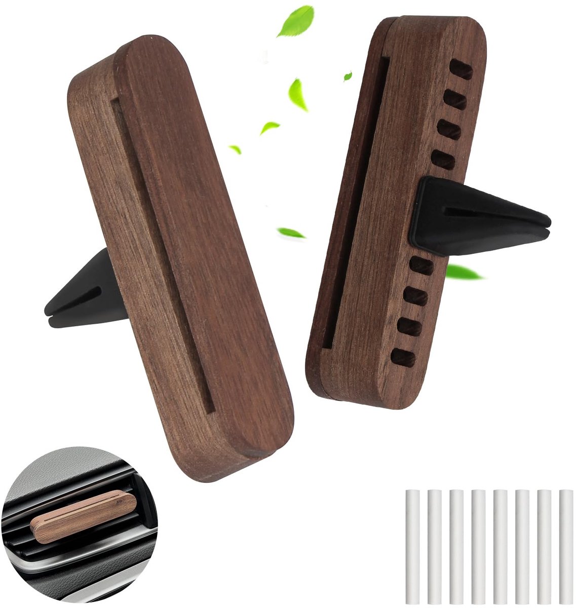 Dailygoods- Autodiffuser 2 Stuks - Houten Diffuser - Etherische Oliën - Auto-Luchtverfrisser - Hoogwaardig Walnoot - Inclusief 8 Navulpads - Geurdiffuser