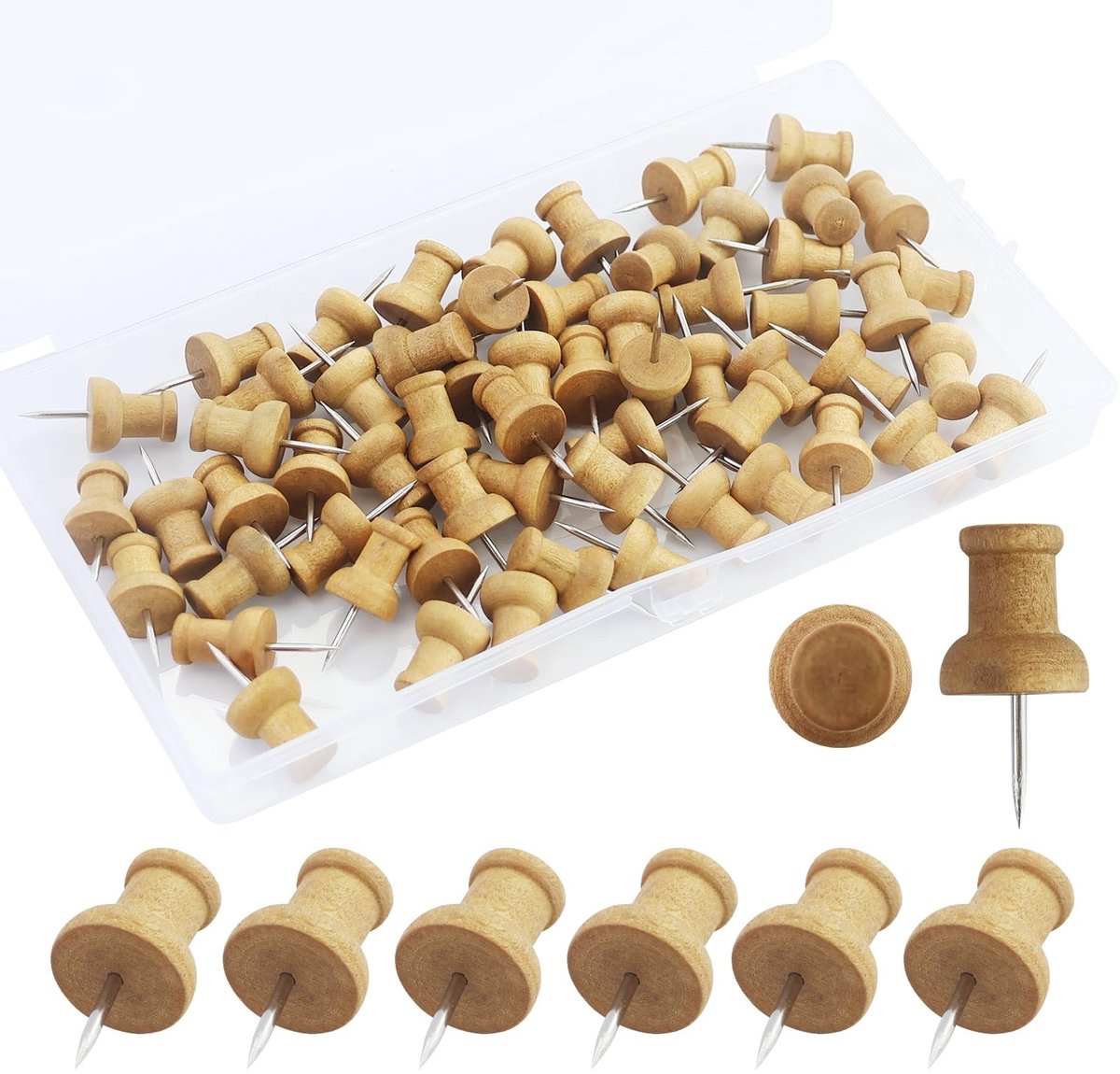 Dailygoods- Prikbordspelden 60 stuks - Houten Punaises - Decoratieve