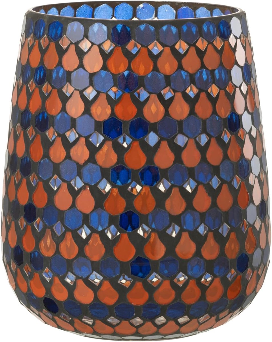 Windlicht mozaïek - Glazen lantaarn - Sfeer creëren - Handgemaakt design - 21 cm hoog - Oranje blauw