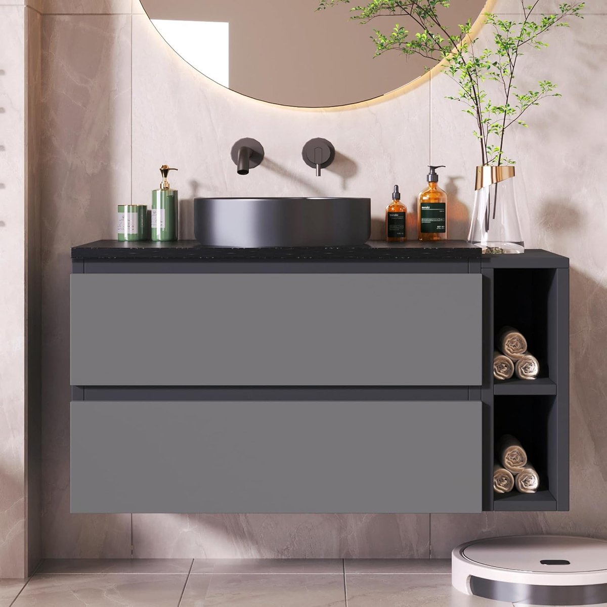 Wastafelonderkast - Badmeubel met laden - Badkamer organiseren - Modern kleurblok design - 80 cm breed - Zwart-grijs