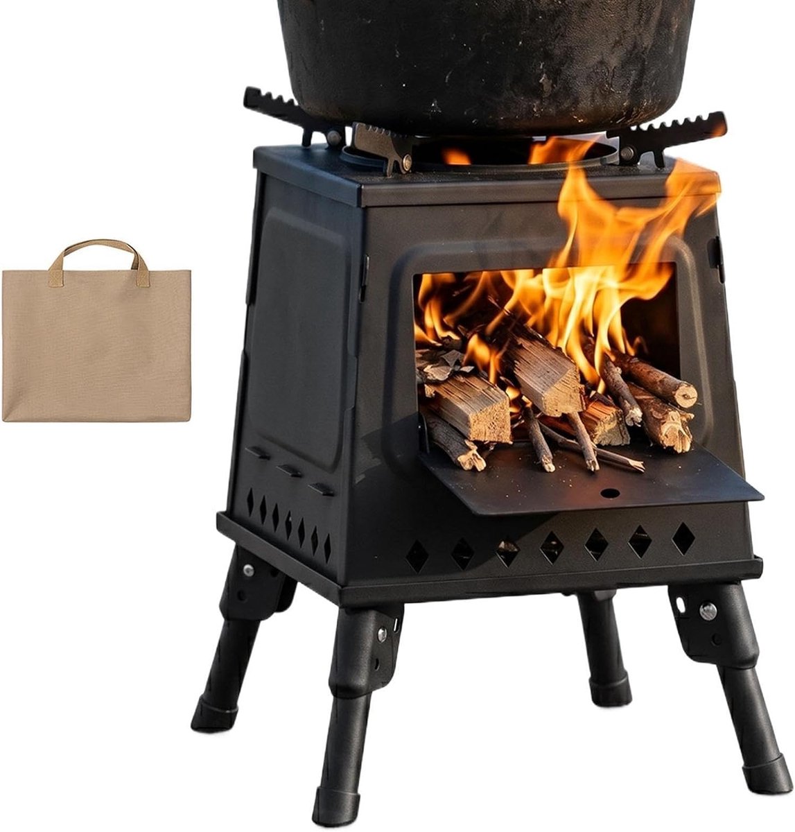 Draagbare Houtkachel - Buitenverwarmer - Kamperen en koken - Energiezuinig ontwerp - 22 x 22 x 14 cm - Zwart