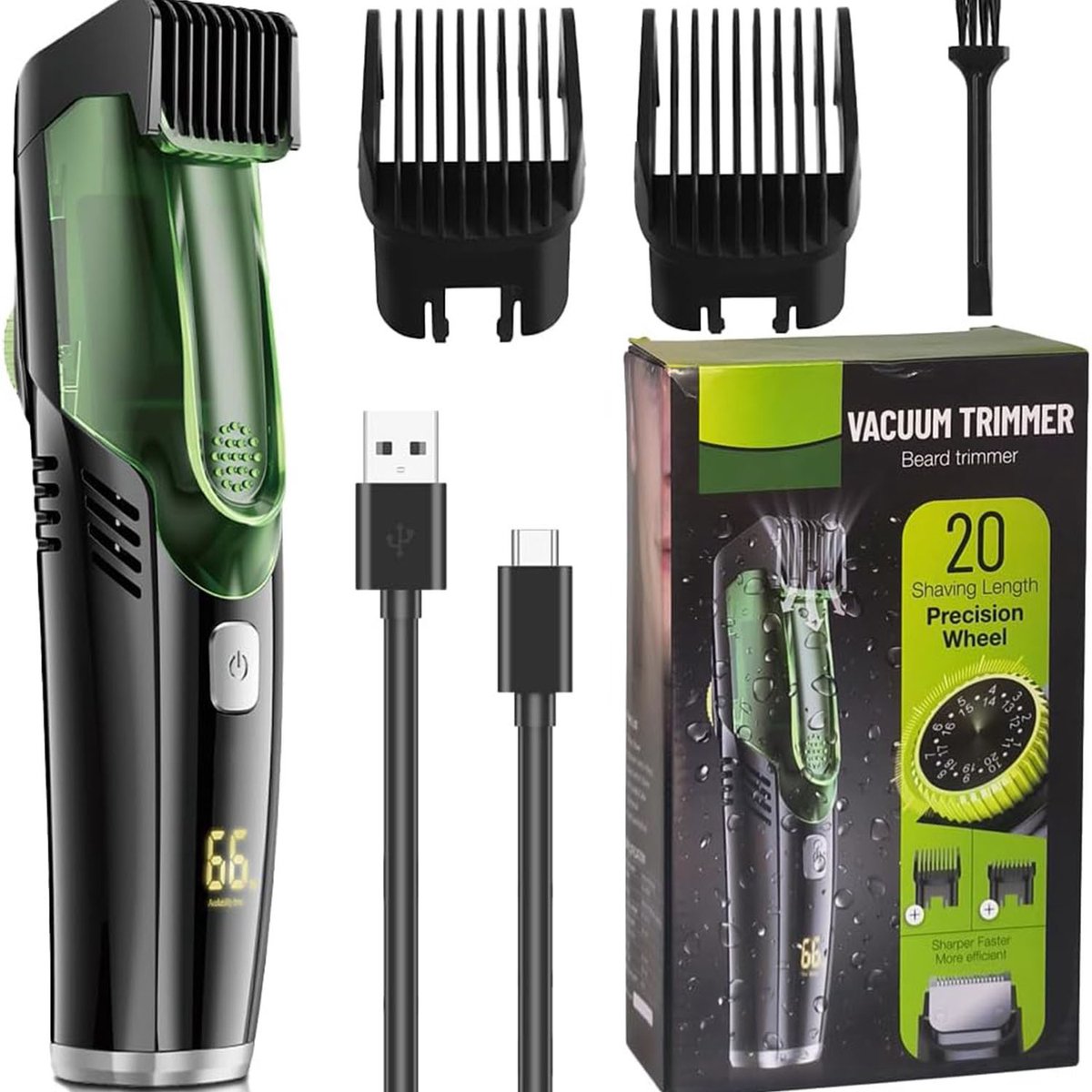 SURFOU Automatische Haarzuiger Tondeuse-Elektrische Haartrimmer met Zuigfunctie-USB Oplaadbaar Baard & Haar Knipper-Instelbare Lengte 1-20mm-IPX6 Waterdicht-Groen