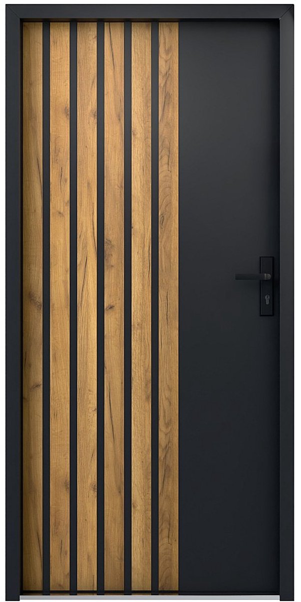 Vente-unique Massieve stalen voordeur, 207 cm hoog x 100 cm breed, antraciet met eikenhouten strepen - 68 mm dik - linksdraaiend - COBRITA