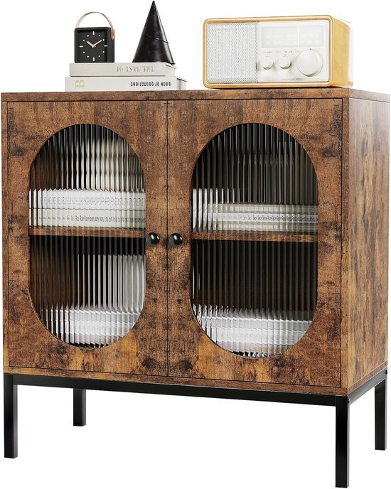 Houten opbergkast met 2 deuren – Keukenkast, dressoir en ladekast voor woonkamer & eetkamer | Kantelbeveiliging, verstelbare legplanken, 2 opbergvakken, retro bruin, afmetingen 80 x 83 x 40 cm