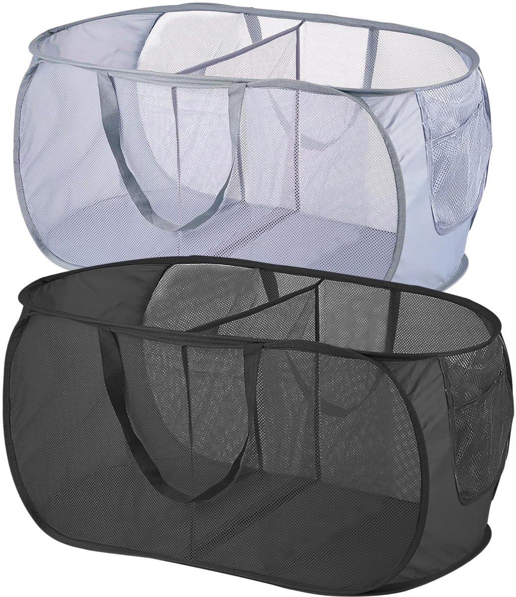 Dailygoods- Wasmand Set 2 Stuks - Opvouwbaar - Ruimtebesparend - Polyester - 75 Liter - Zwart/Grijs - 58 x 36 x 36 cm - Wascontainer