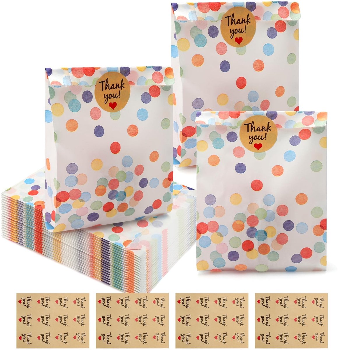 Dailygoods - 40 stuks papieren zakken met 48 stickers, cadeauzakjes, verjaardagszakjes, cadeautjes, kleurrijke cadeauzakjes voor kinderverjaardagen, snoepzakjes, snoepzakjes voor bruiloft, feest, kinderverjaardag,