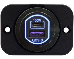 ProRide 12-24V USB/USB C Autolader 2 Poorten Inbouw - 100W QC3.0 - Snellader - Enkelvoudig Paneel - Blauw