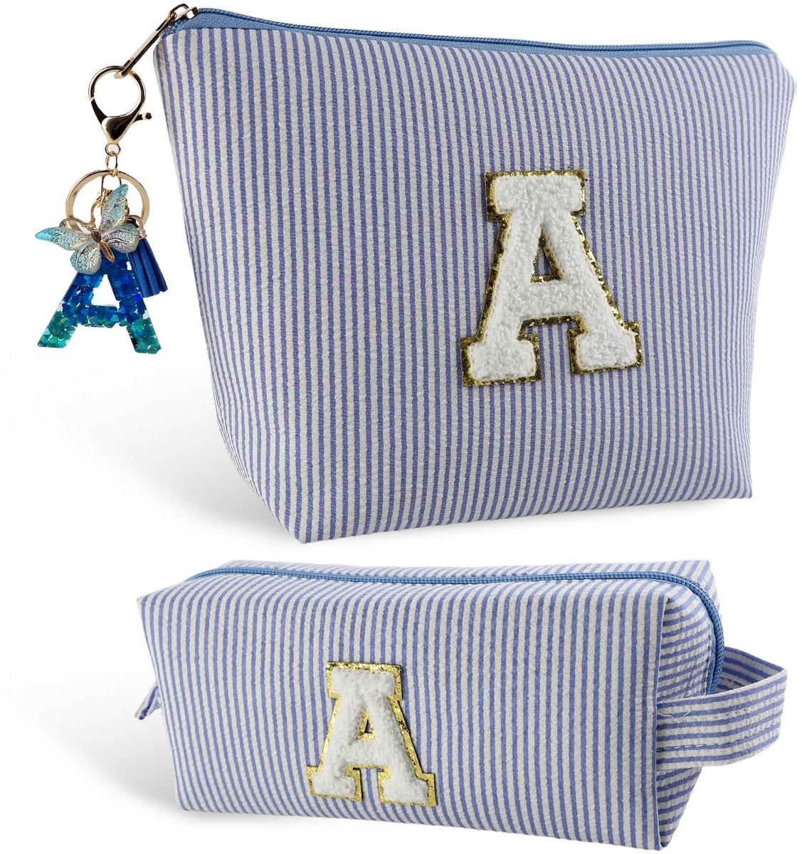 Dailygoods - Make-uptas voor meisjes en vrouwen, make-uptas en sleutelhanger met initialen, gepersonaliseerde cadeaus voor moeders, vriendinnen en zussen, blauw, A, Eenvoudig en stijlvol