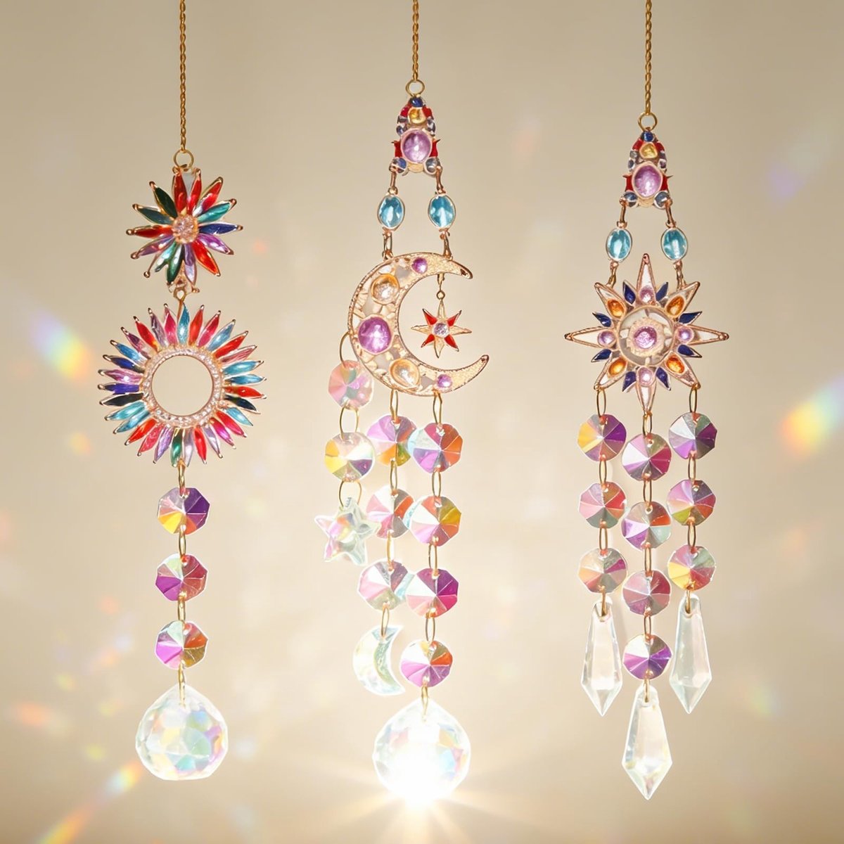 Dailygoods- Zonnevanger met K9 kristal - Raamdecoratie - Hangend voor thuis - Tuindecoratie - Ster/maan stijl - 3 stuks