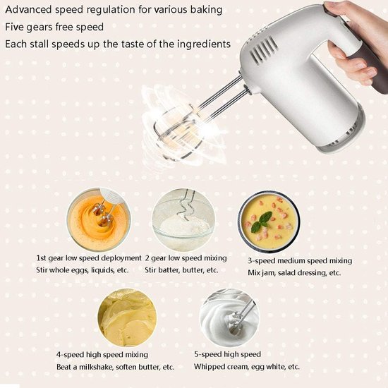 Elektrische handmixer - Keukenmixer garde - Bakken en koken - 5 snelheden met turbo - 200 watt - Wit — afbeelding 3