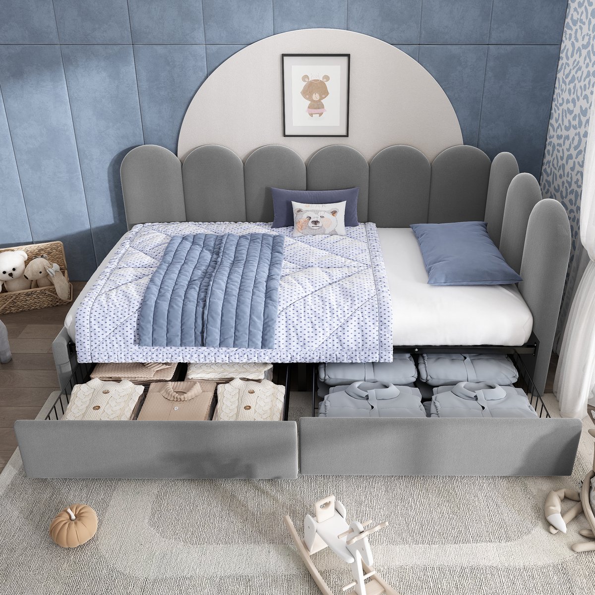 MEUNIQ bedbank 90x190 cm met 2 lades en lattenbodem, gestoffeerd eenpersoonsbed voor slaapkamer of logeerkamer, grijs, zonder matras