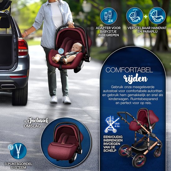 3-in-1 Kinderwagen Complete Set voor Baby's - Combi Wandelwagen met Reiswieg, Buggy en Accessoires inclusief Voetenzak van Merkloos — afbeelding 3
