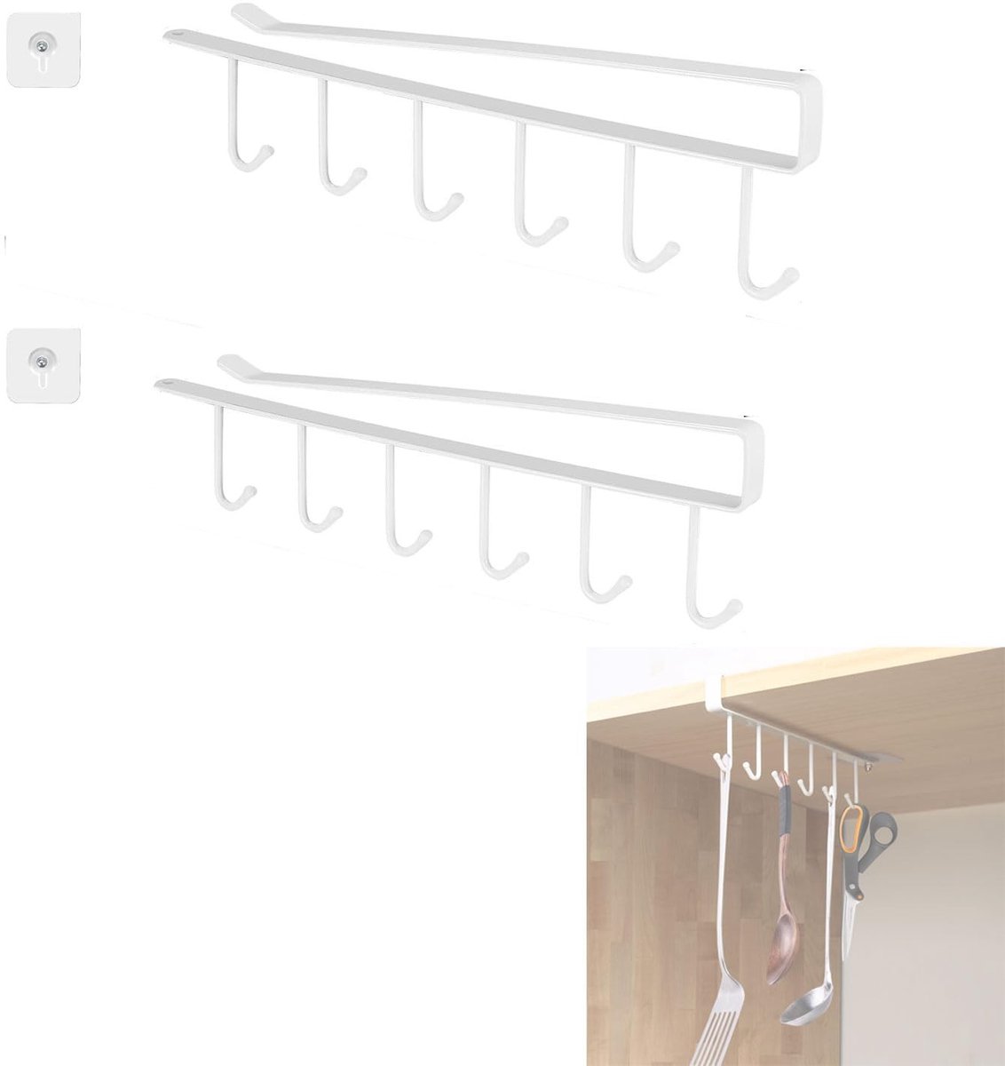 Dailygoods- Bekerhouder Onder Kast - 2 Stuks - Roestbestendig Metaal - Zelfklevend - Drogen Mokken - Maximaal Draagvermogen 2 kg - Mokkenrek