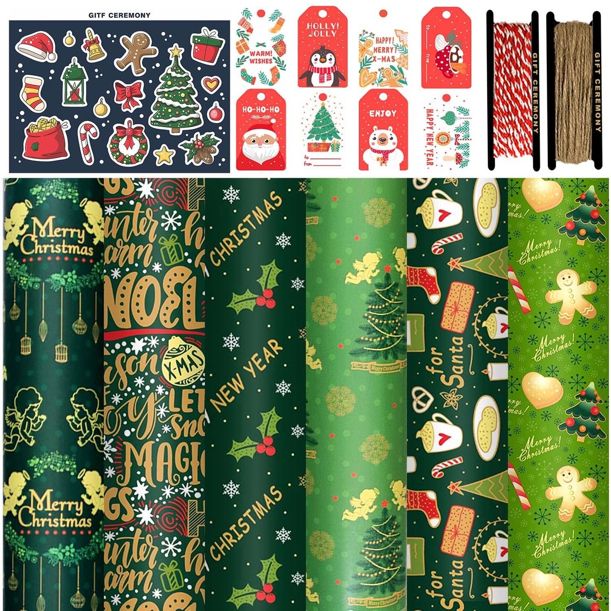 Dailygoods- Kerstcadeaupapier Set van 6 vellen - Kraftpapier 70 x 50 cm - Rendiermotief - Cadeaulabels 8 stuks - Stickers 12 stuks - Touwen 2 rollen