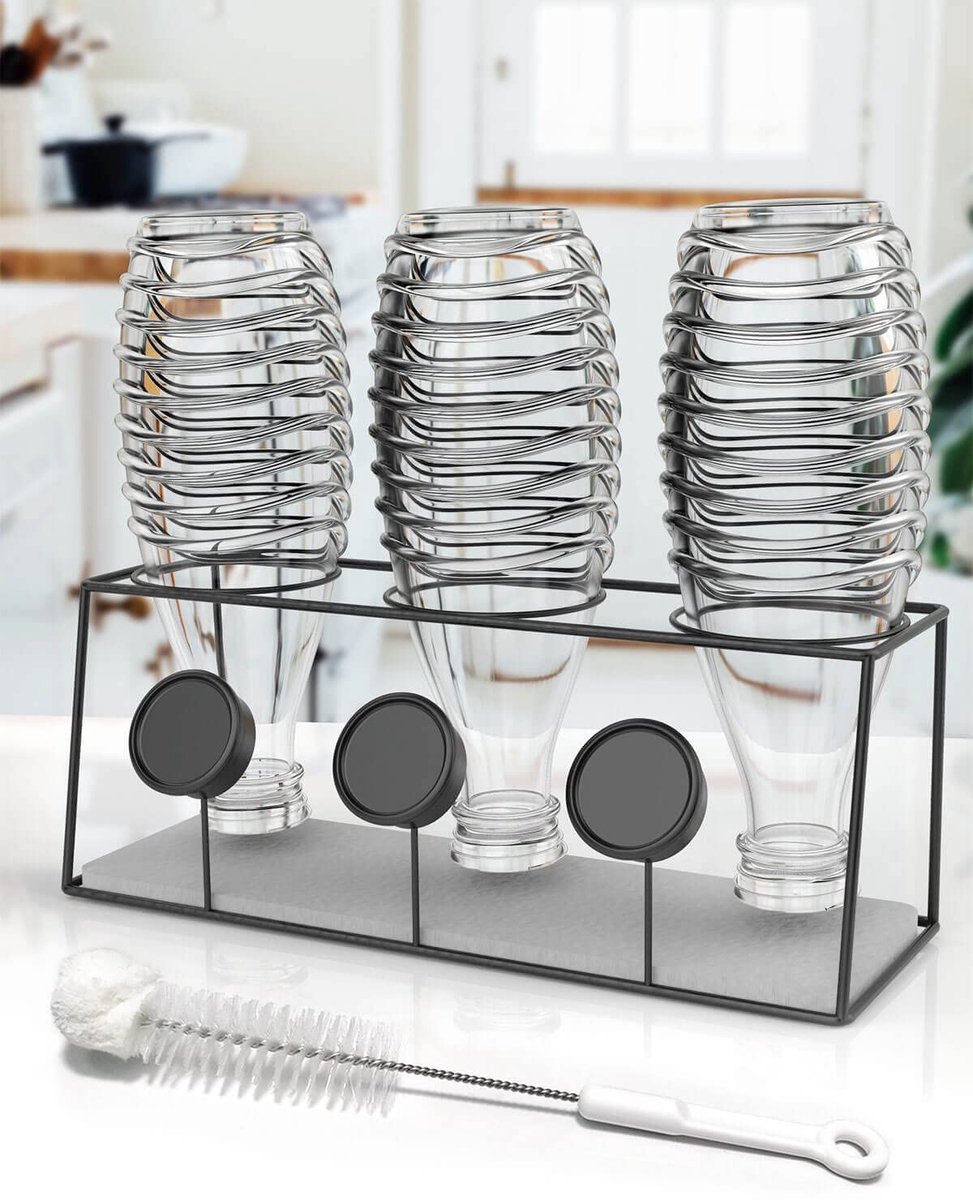 Dailygoods- Afdruiprek met Lekbak - Flessenhouder voor SodaStream Duo - Roestvrij Staal - Voor 3 Sodaflessen - Holle Achterkant voor Ventilatie