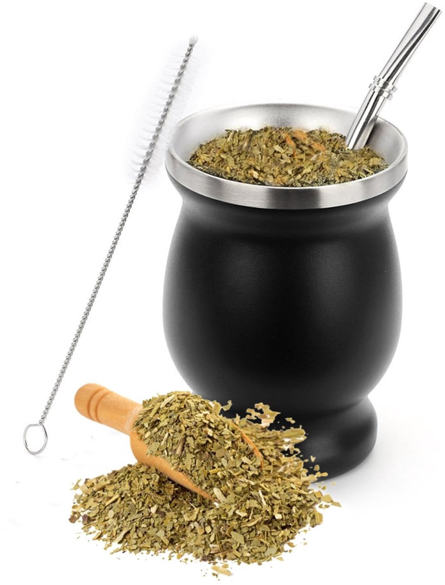 Dailygoods- Theebekerset met Rietje - Roestvrij Staal - 260 ml - Uniek Ontwerp - Reinigingsborstel - Duurzaam en Antizweet - Mate Mok