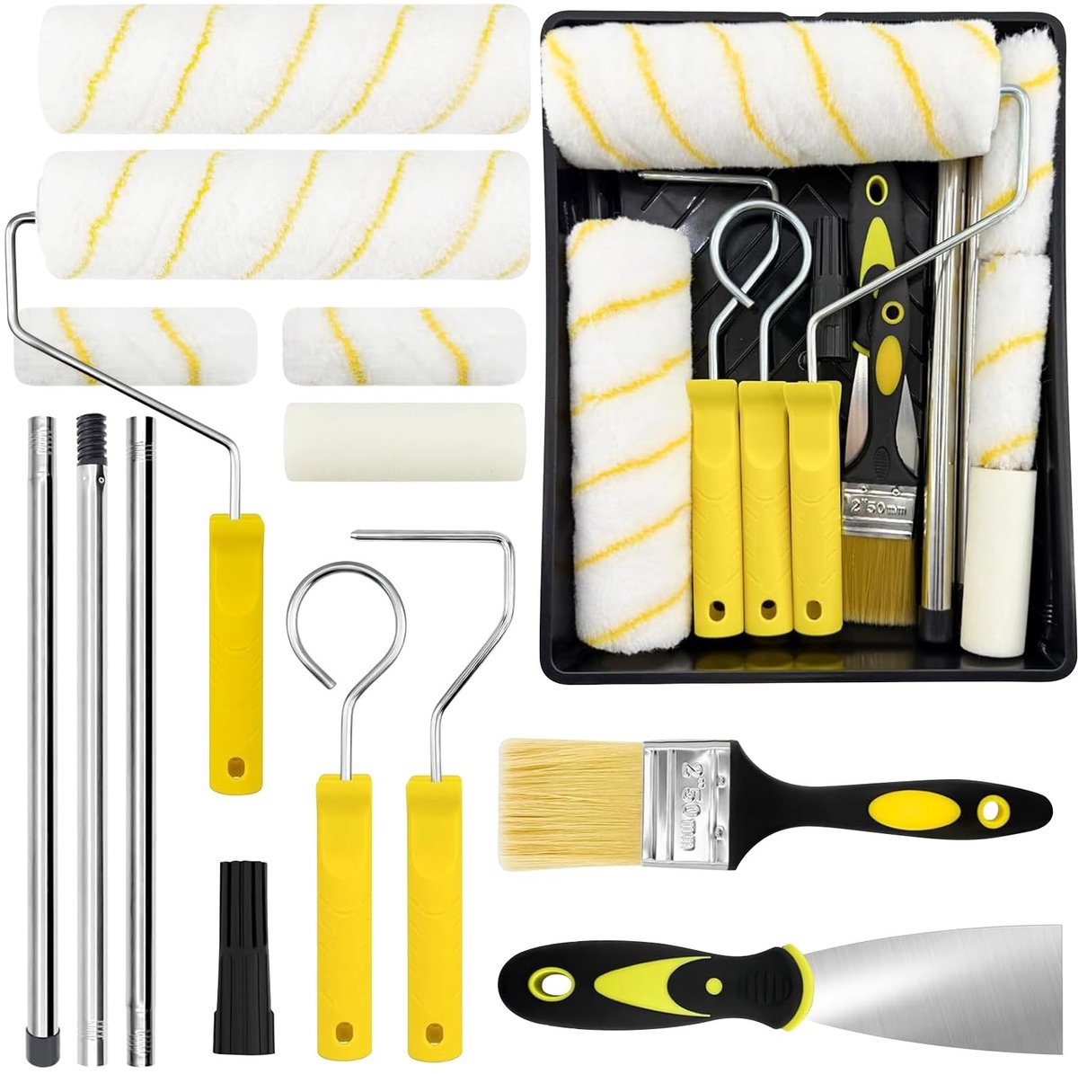 Dailygoods - 18-delige verfrollerset met 1,2 m telescoopstang – 23 cm + 11 cm schilderrollen, kwasten, schraper & verfbak – verfroller voor muur en plafond