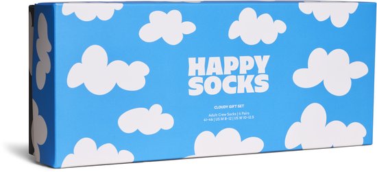 Happy Socks cadeauverpakking met blauwe achtergrond en witte wolken.