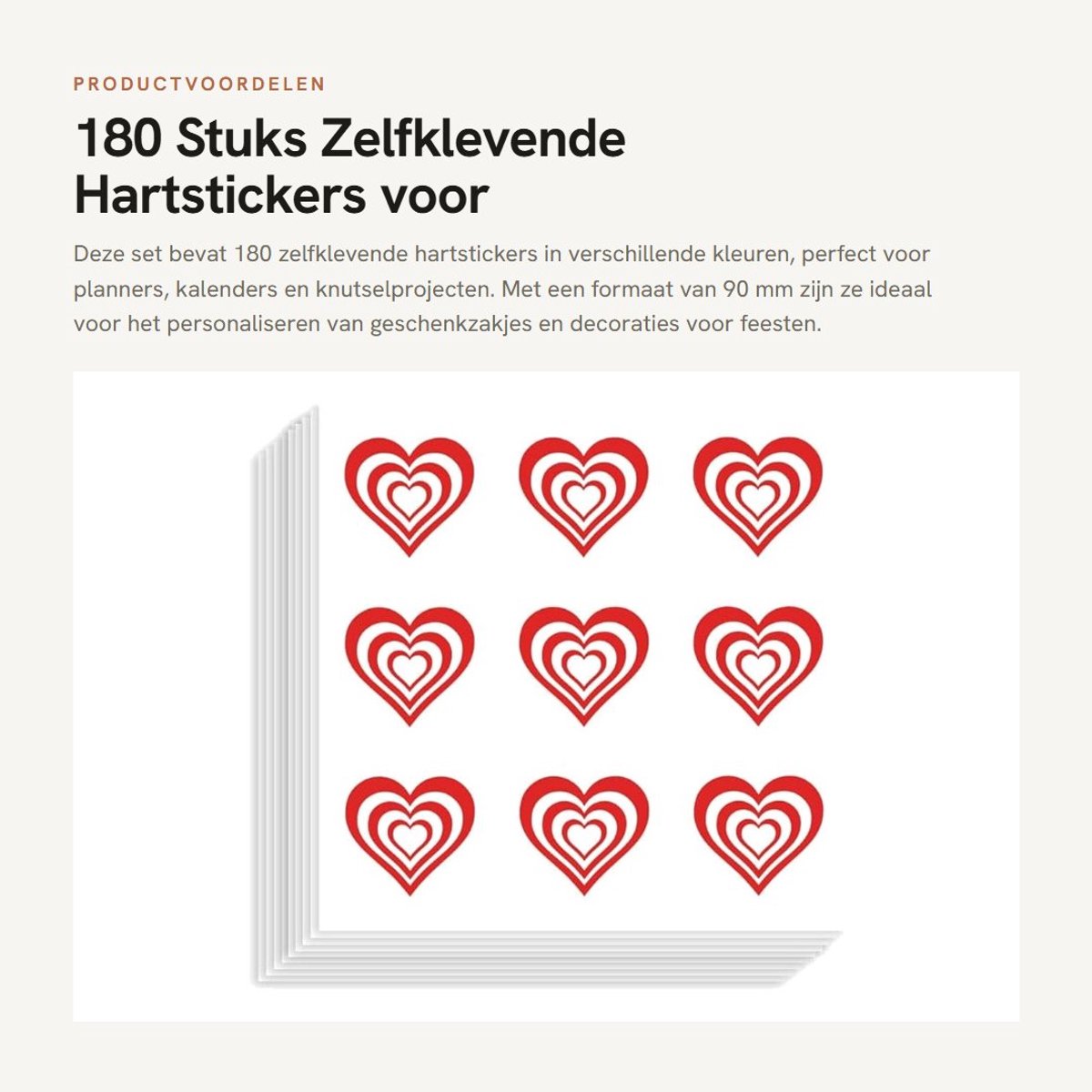 Dailygoods- Hartstickers 180 stuks - Zelfklevende Stickers - Hartvorm - Plakboek/Kalender - Knutselen/Journaling - Geschenken/Decor - Papier 90mm - Plakstickers