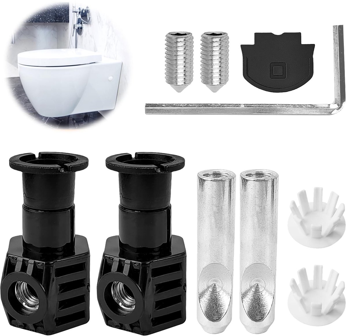 Dailygoods- Wc-bevestigingsset - Duurzaam kunststof/ijzer - Universele set - Wandtoilet - Eenvoudig te installeren - Stabiele fixatie - Toiletbevestiging