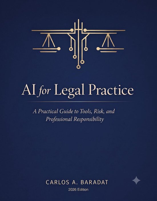 Boek 'AI for Legal Practice' met een gouden weegschaal-icoon en tekst.