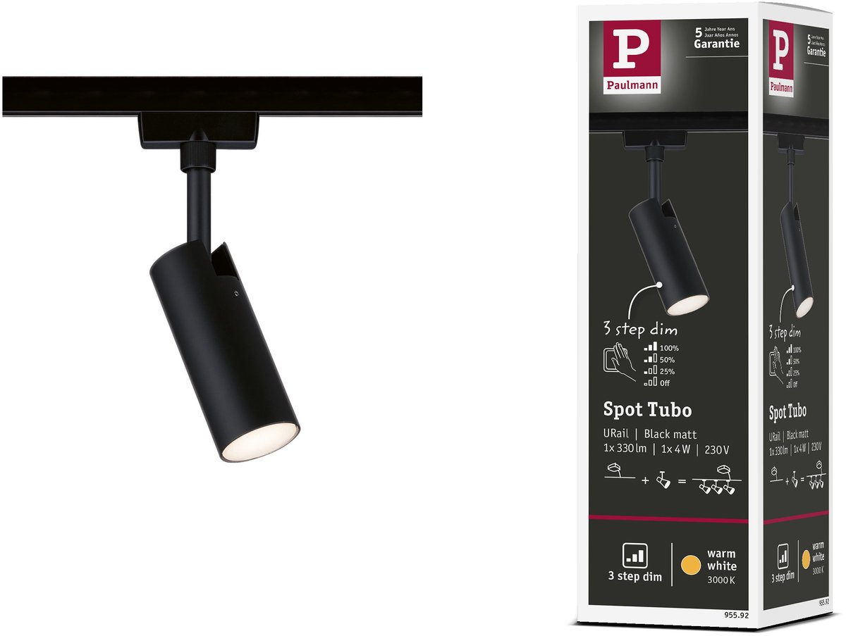 URail Railspot 3-Step-Dim Tubo Losse spot 190lm 4W 3000K dimbaar 230V Zwart mat