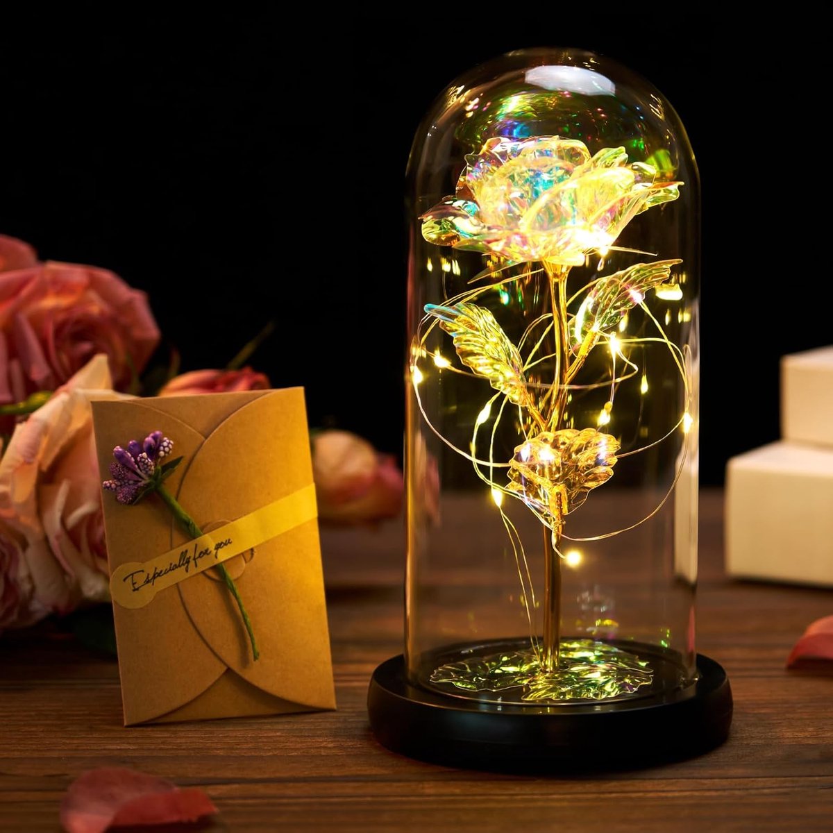 Oplichtende Roos - Glazen Koepel - Decoratieve Sfeer - Kleurveranderende LED - 1 Stuk - Wit