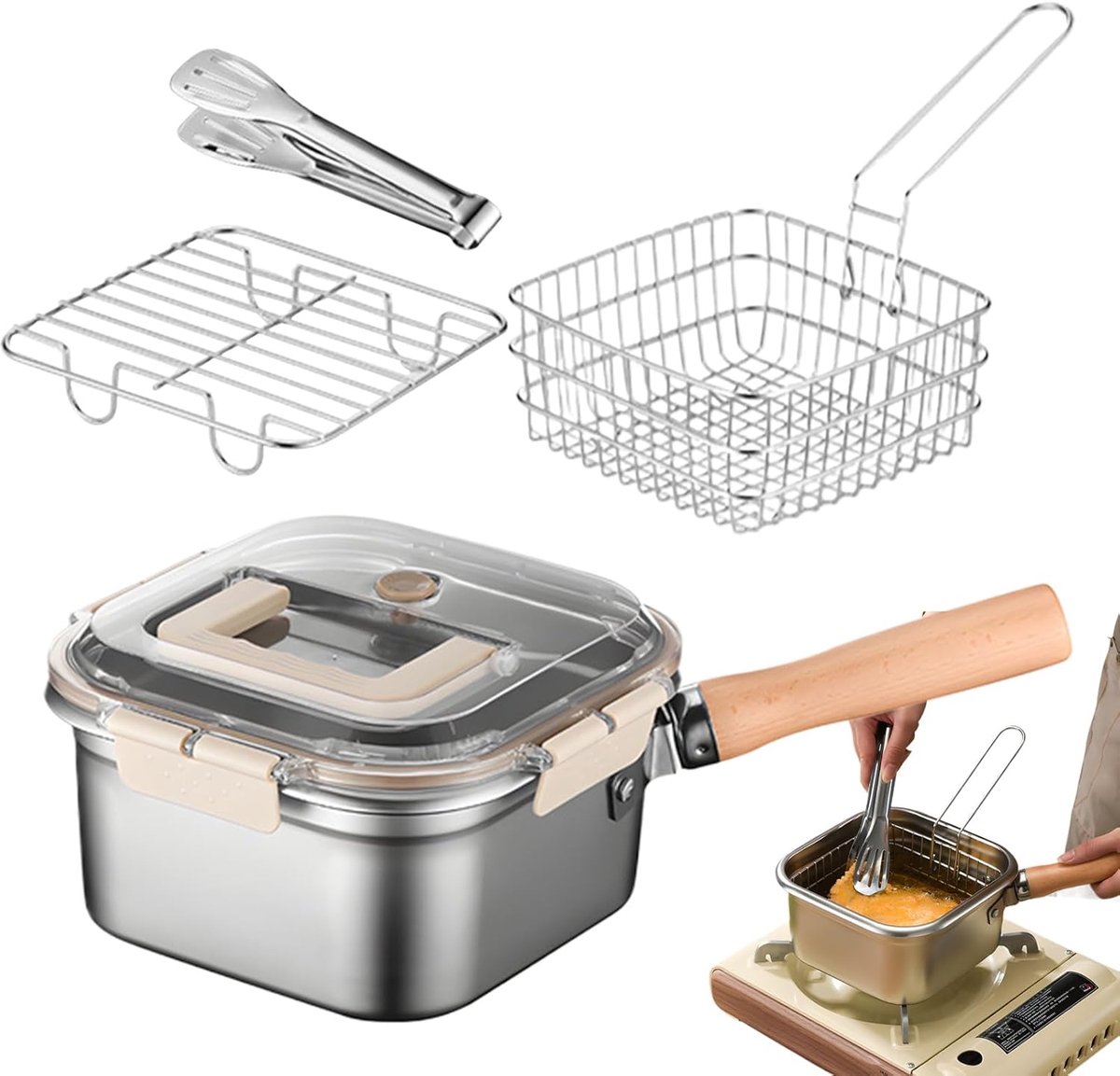 Frituurpan Set - Visfriteuse Buitenfornuis - Buiten Koken - Roestvrij Staal - 35x20.5x11.5cm - Zilver
