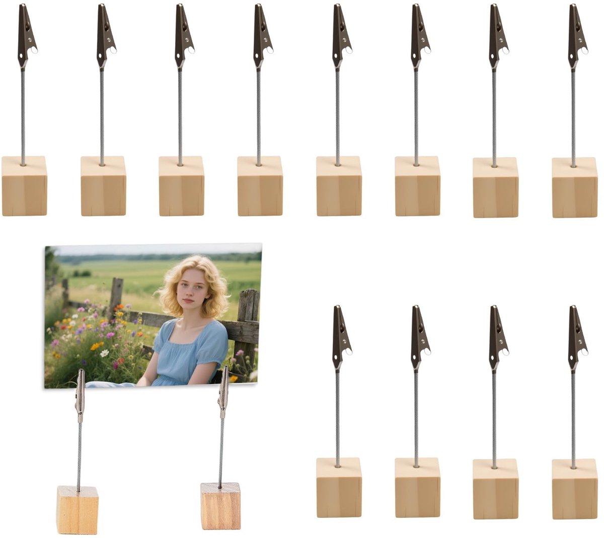 Dailygoods- Tafelkaarthouders 12 stuks - Fotohouder met Klemmen - Houten Fotostandaard - Kaartenstandaard - Huisdecoratie - Afmetingen 11,5 x 2,5 x 2,5 cm