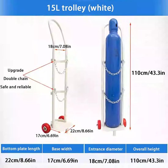 Cilinderwagen - Dolly Trolley - Transport Gasflessen - Veiligheidsketting - 8-15 Liter - Zilver — afbeelding 2