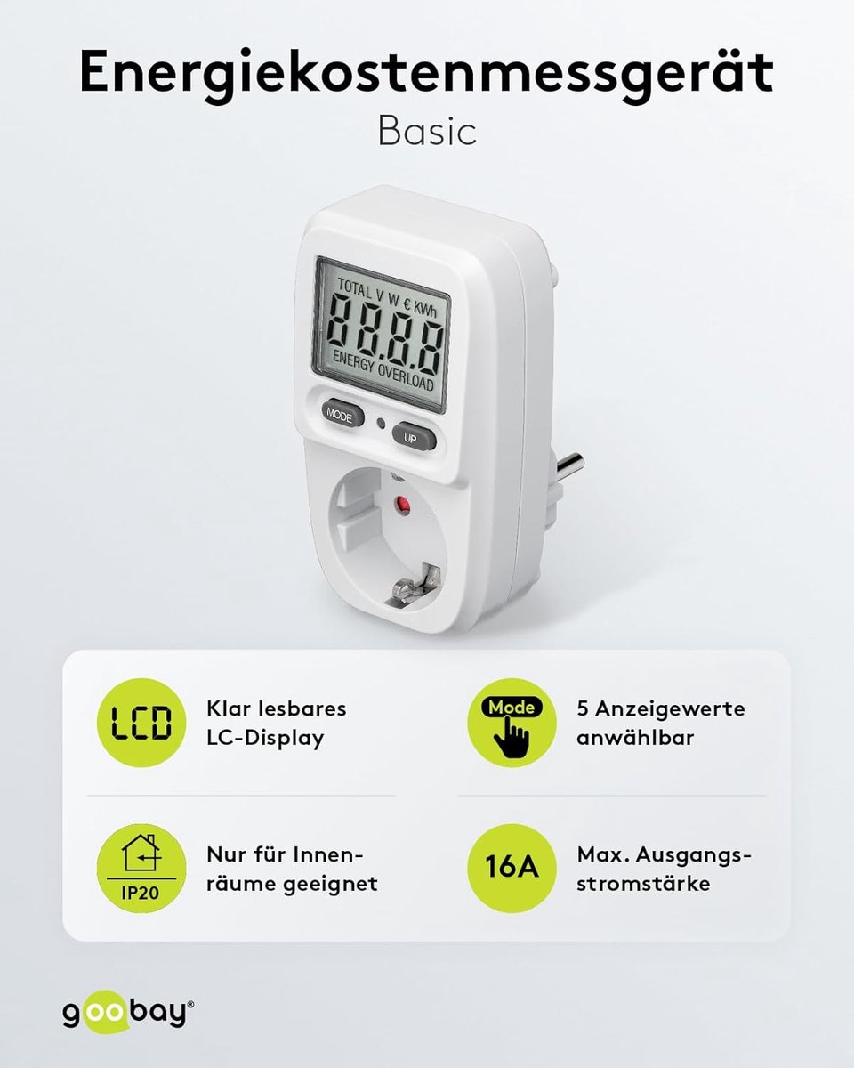 Stroommeter Stopcontact - Energieverbruik Meter - Kosten Berekenen - Vijf Weergavemodi - 3680 Watt - Wit