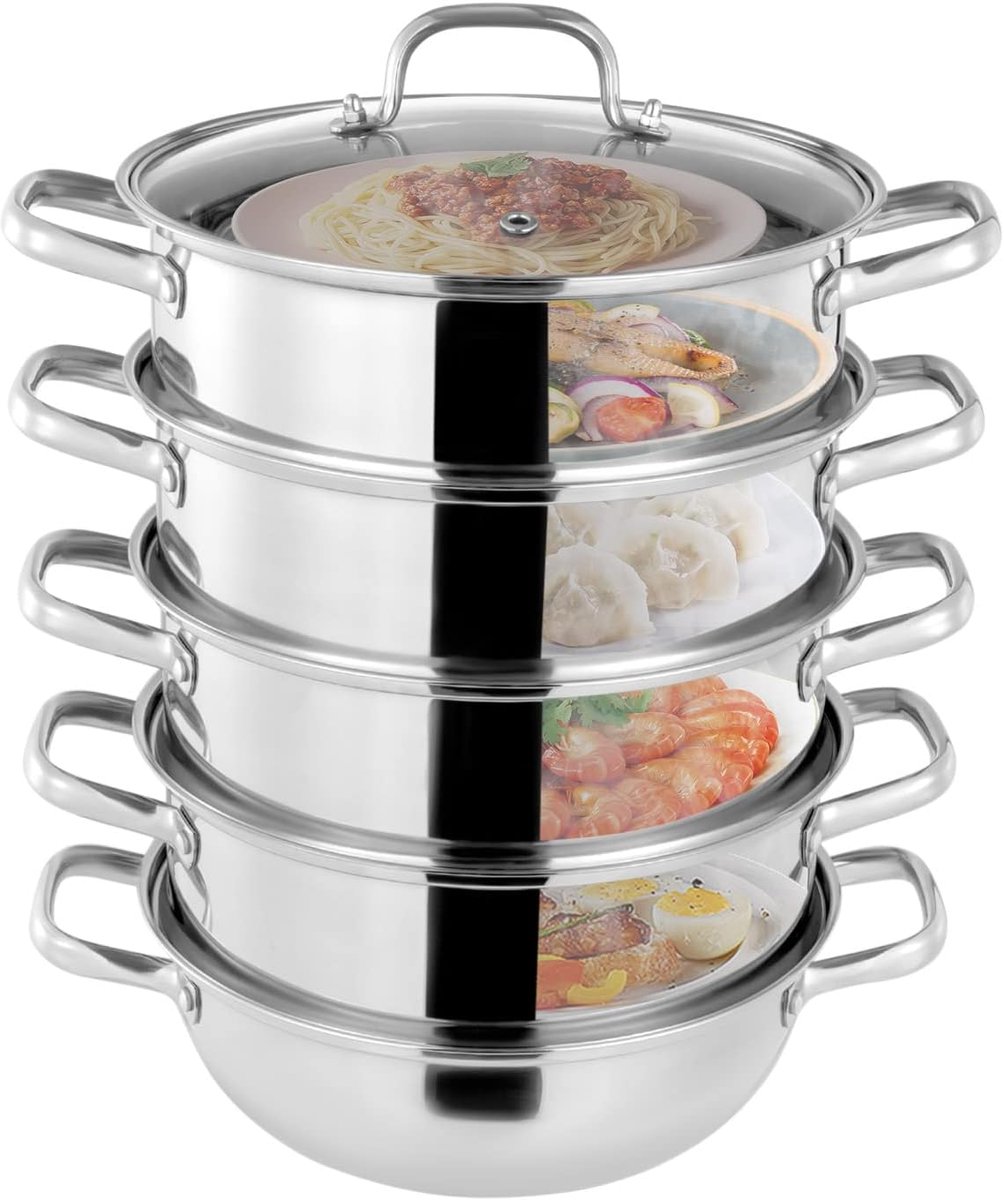 Stoompan 5 lagen - RVS stoomkoker - Gezond koken - Grote capaciteit - 28 cm - Zilver