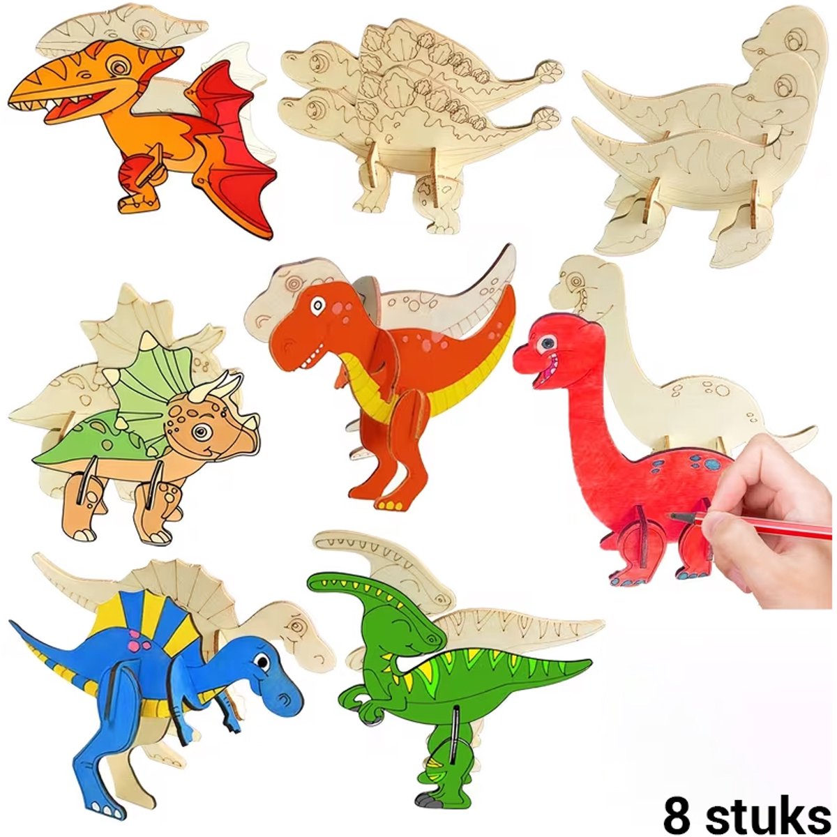 Houten dino knutselen - 8 stuks - Maak je eigen dinosaurus - Knutselpakket dinofeest - DIY dino’s knutselset kinderfeestje – Dinosaurus puzzel - Knutselen met kinderen - Knutselspullen jongens