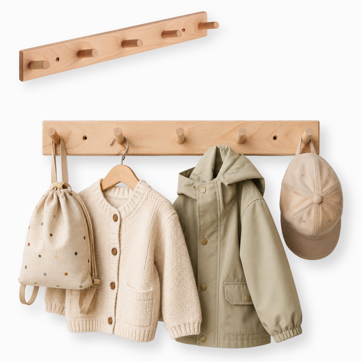 Jooba Kinderkapstok - Kapstok wandkapstok - Kapstok kinderkamer - 100% echt Beukenhout - 5 Haken - Puur en Natuur collectie - Kinderkamer - 45x6cm - Veilig en Duurzaam - Met bevestigingsmateriaal
