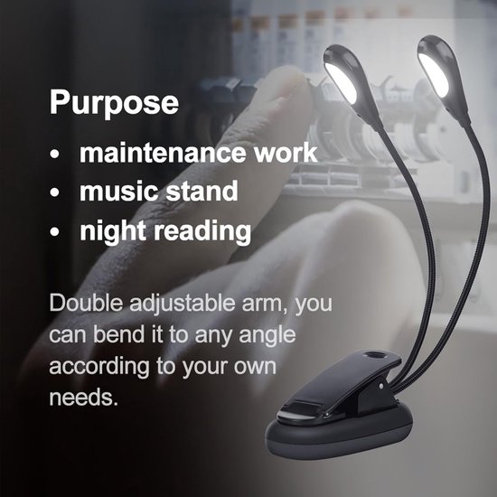 Clip Lamp - Leeslampje - Muziek Verlichten - Dubbele Flexibele Armen - 8 Lampjes - Zwart — afbeelding 3