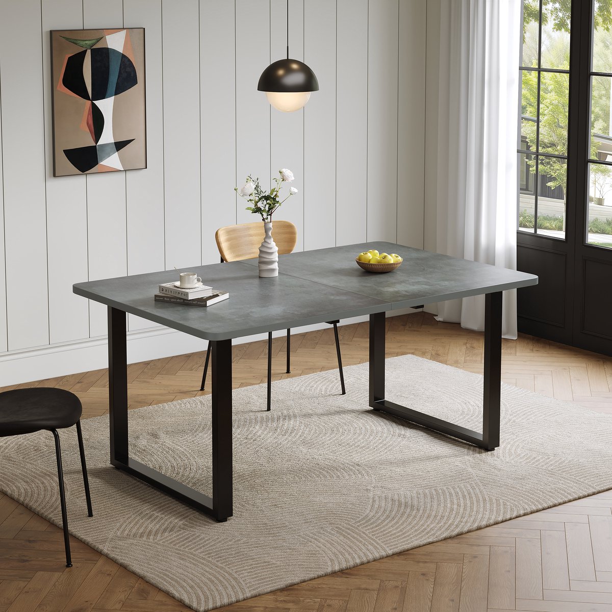 COVREO Eettafel 140/180/220x80 cm – grijs MDF, metalen poten, uitschuifbaar voor 6-10 personen
