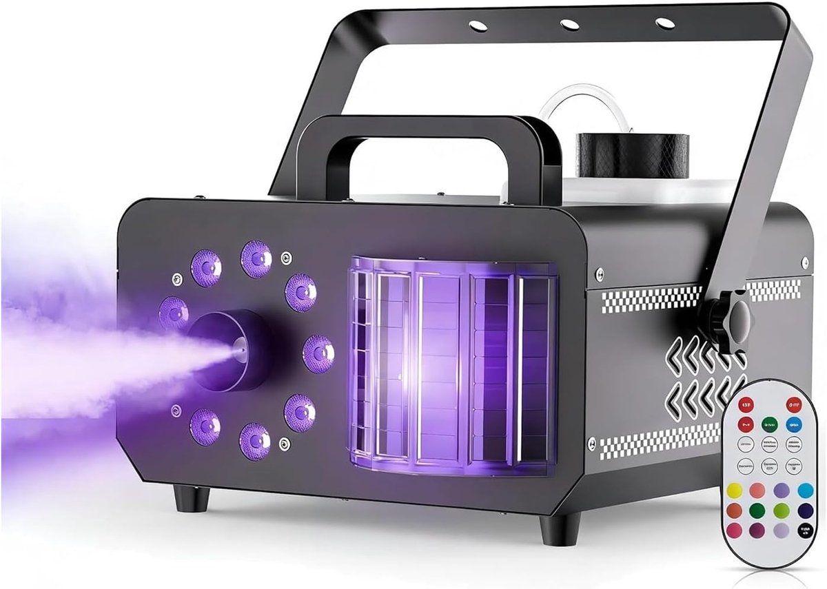 SnelShoppen - 1200W Rookmachine met 3000 CFM, 9 LED's, RGB Derby Effect, Afstandsbediening, 14 Statistische Kleuren, Car Chasing/Jump/Pulse/Strobe Mod