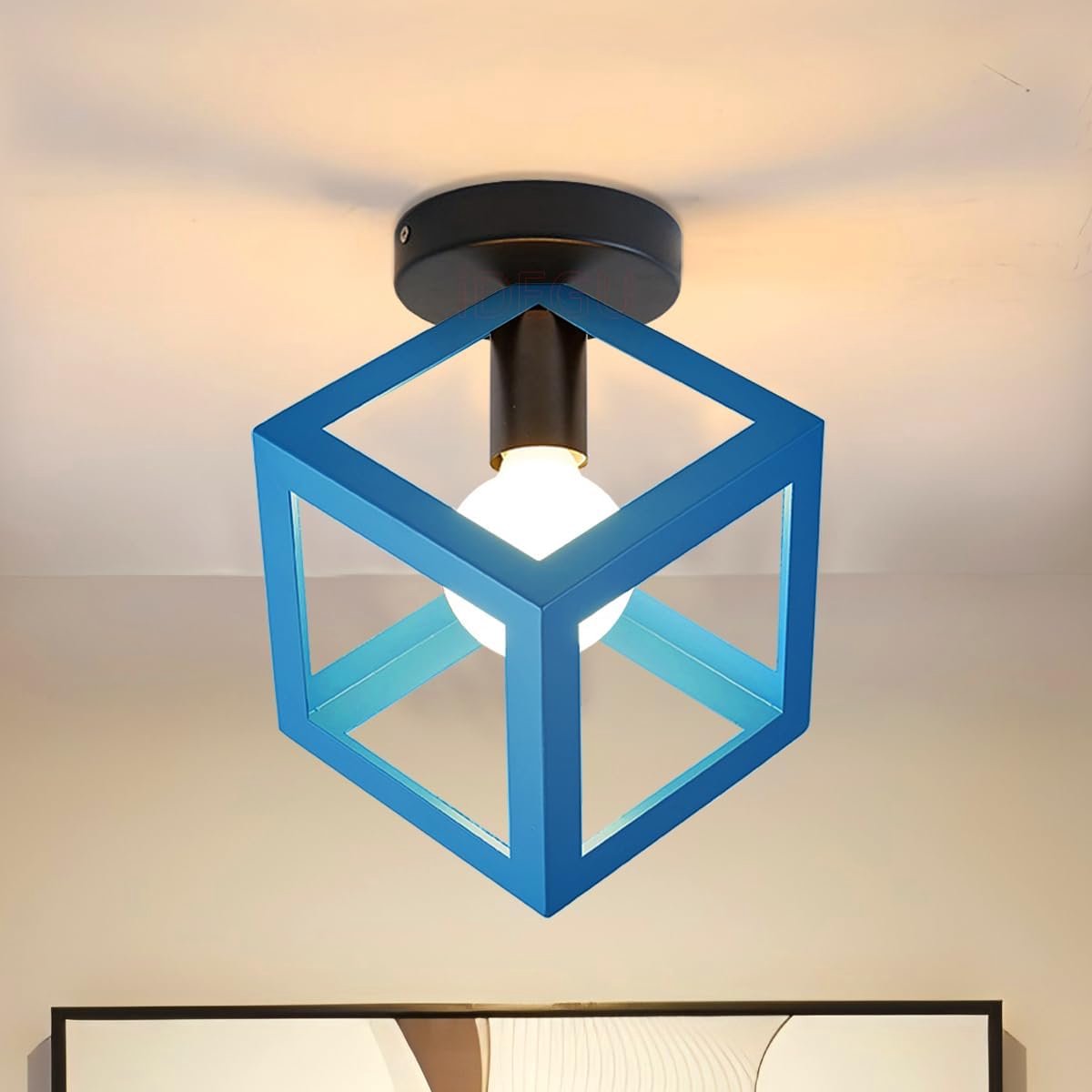 SnelShoppen - Moderne Kooi Vorm Plafondlamp Vintage Geometrisch Stijl E27 Lamp voor Slaapkamer, Woonkamer, Restaurant, 16 cm, Blauw