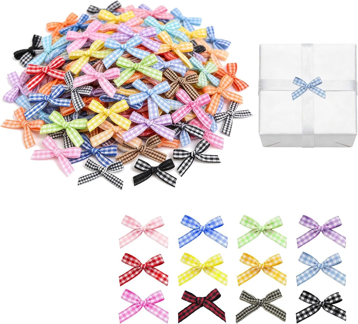 SnelShoppen - 100 Mini Gingham Bows - 3.8 cm Satin Strikjes - Perfect voor Cadeauverpakking, Knutselen, Scrapbooking, Bruiloften, Taartdecoratie