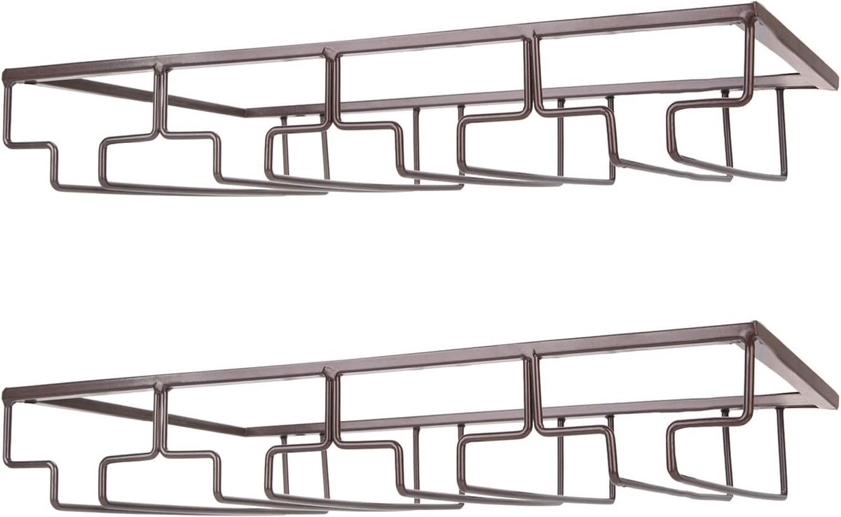SnelShoppen - Wijnrek onder kast - Stemware glazenhouder - Glazenopslag hanger 2-pack - Metalen organizer voor bar, keuken - 4 rijen bruin - Ruimtebes