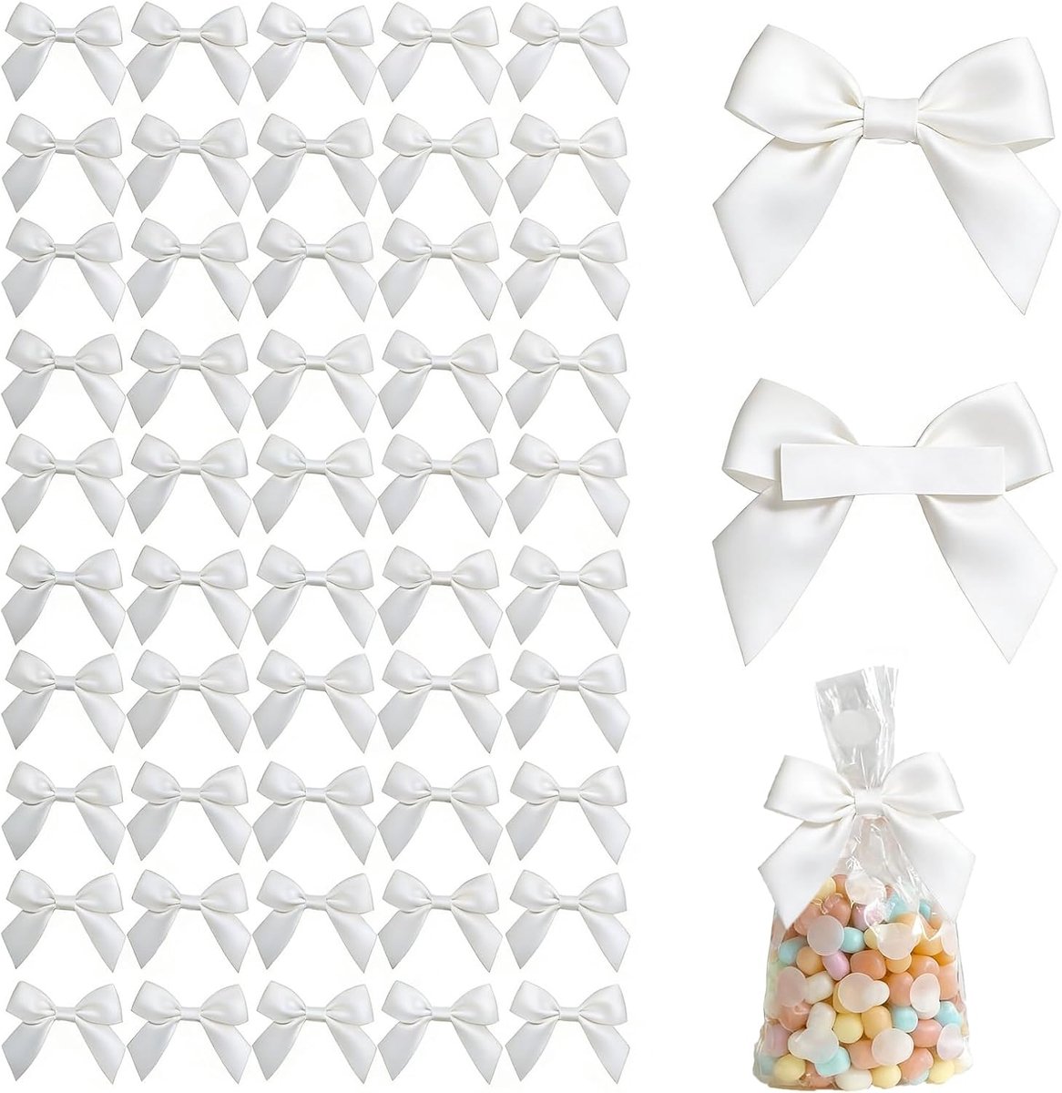 SnelShoppen - 50 Stuks Mini Satin Ribbons Self Adhesive Bogen - Dubbelzijdige Tape voor Cadeauverpakking, Bruiloft Decoraties, Wit