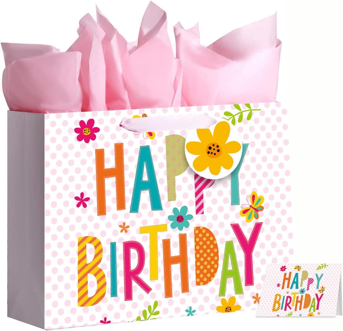 SnelShoppen - Medium Roze Cadeau Zakjes voor Verjaardag, 2 Stuks met 6 Tissuepapieren en 2 Wenskaarten, Papieren Geschenkzakjes met Handgrepen voor Me