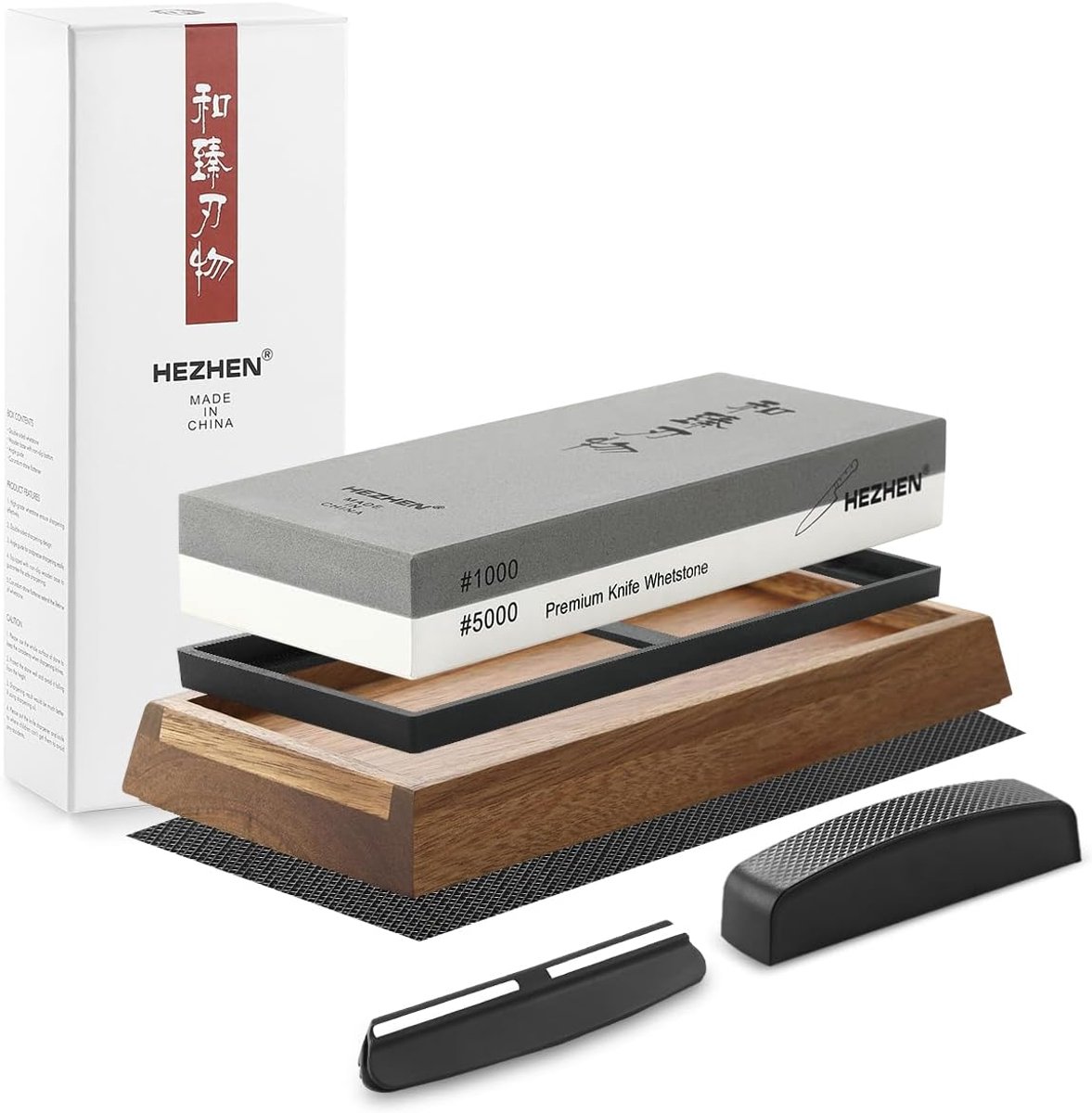 SnelShoppen - Professionele dubbelzijdige slijpsteen 1000/5000 voor messen, grote witte corundum slijpsteen met acaciahouten antislip basis en hoekgel