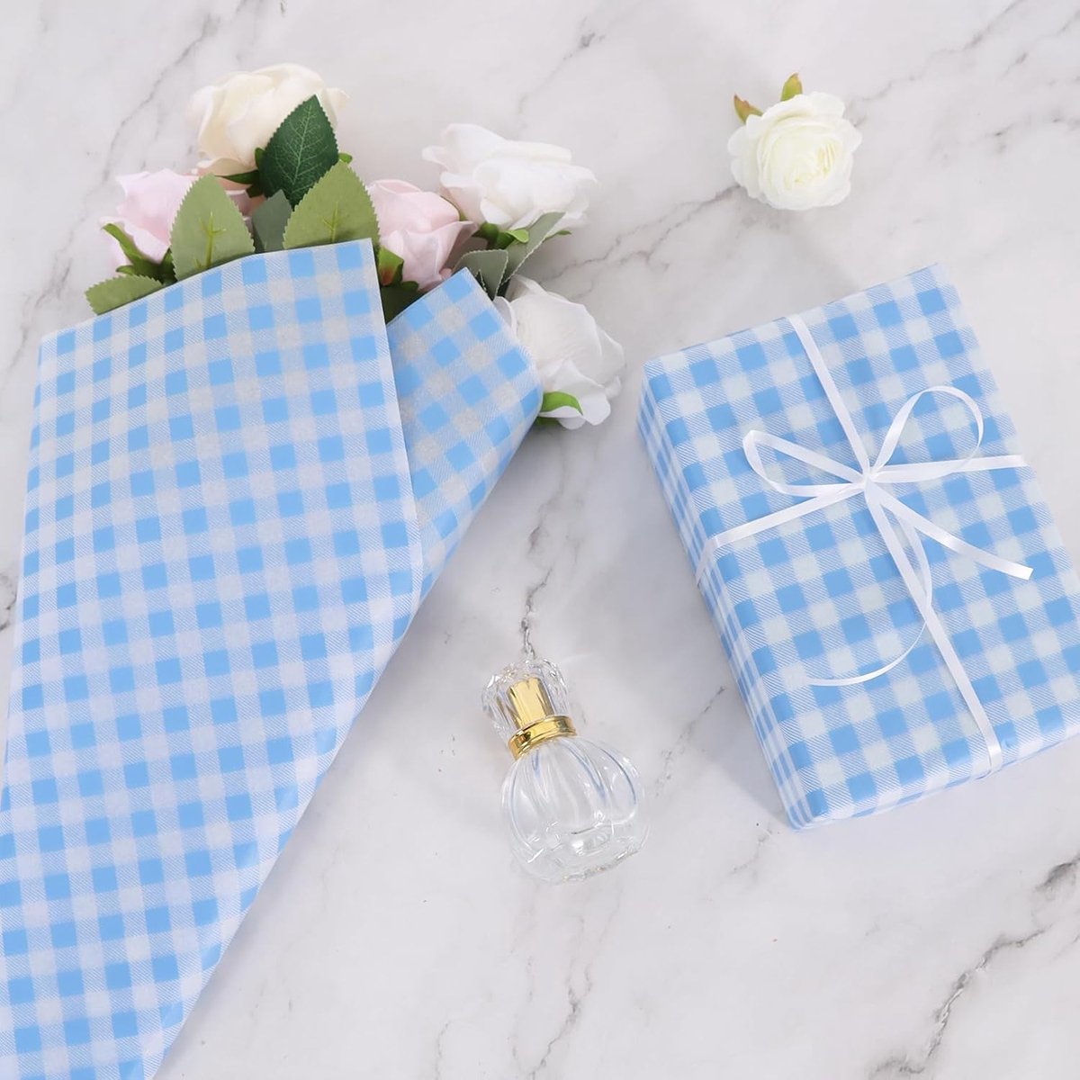 SnelShoppen - 50 vellen blauw en wit gingham vloeipapier cadeaupapier geruit voor verjaardag, bruiloft, Thanksgiving, afstuderen, kerstfeest, knutseld
