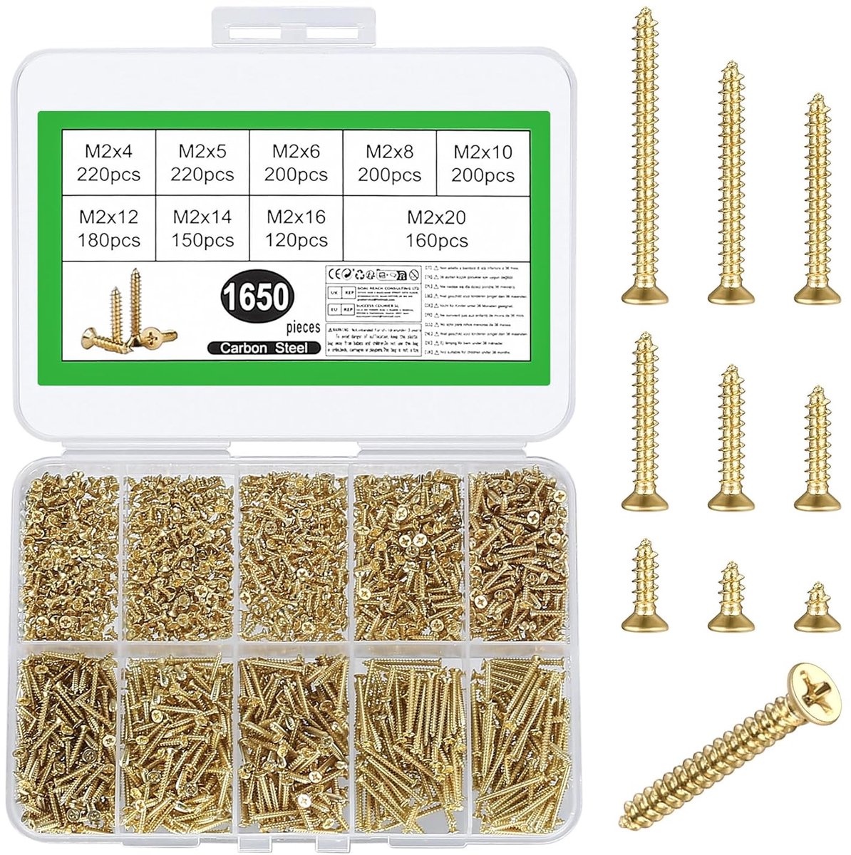 SnelShoppen - 1650pcs M2 Schroeven Set - Platte, Zelftappende, Countersunk, Phillips Kop - Carbon Staal, Duurzaam, Roestbestendig - Voor Hout, Metaal,